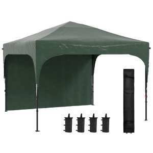 Tenda Dobrável 3x3m com Altura Ajustável de Jardim 1 Parede Lateral Teto Ventilação 4 Sacos Areia e Bolsa Transporte para Campismo Festas Verde