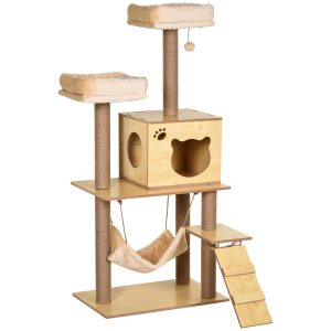 Torre para Gatos com Poste de Arranhar de Juta 2 Camas Rede Caverna Bola Suspensa Rede e Rampa 60x40x130 cm