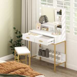 Toucador de Maquilhagem com Luz e Banco Mesa 2 Gavetas Prateleiras Armazenamento Estilo Moderno para Quarto Branco
