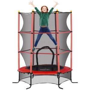 Trampolim para Crianças acima de 3 Anos Cama Elástica Infantil com Rede de Segurança e Estrutura de Aço para Interiores e Exteriores Carga 50 kg Ø163x190 cm Vermelho