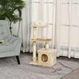 PawHut Árvore arranhador para gatos com postes plataformas abrigo bola pendurada bege